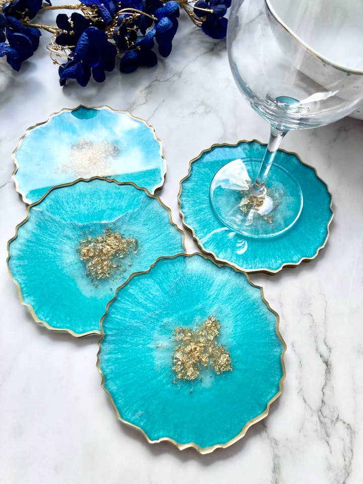 Pearly Turquoise and Gold Resin Coasters, Agate Geode Style for wholesale by Stray Resin
