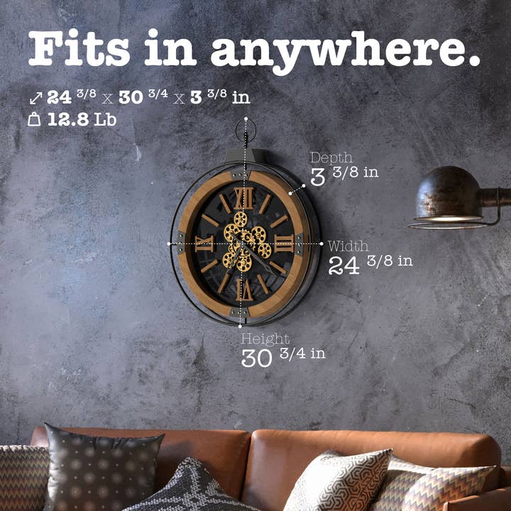 Driini - Wholesale Wall Clock - Driini Large Rustic Gear Clock with Moving Gears (Oak)