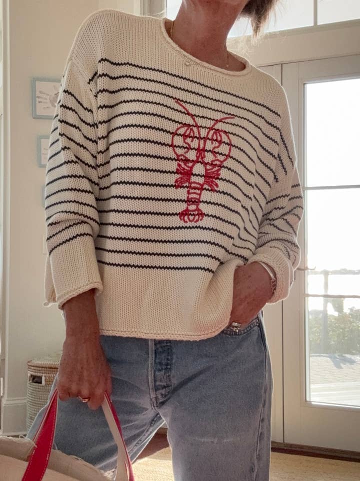 Chloe Stripe Rollneck Embroidered Lobster Sweater in Ivory for wholesale by Pink Pineapple