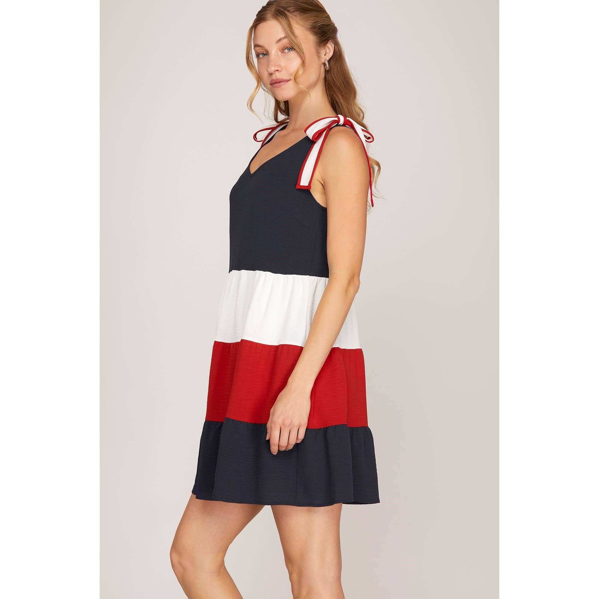 NAVY RED Color Block Sleeveless Shoulder Tie Tiered Dress for wholesale on Faire2