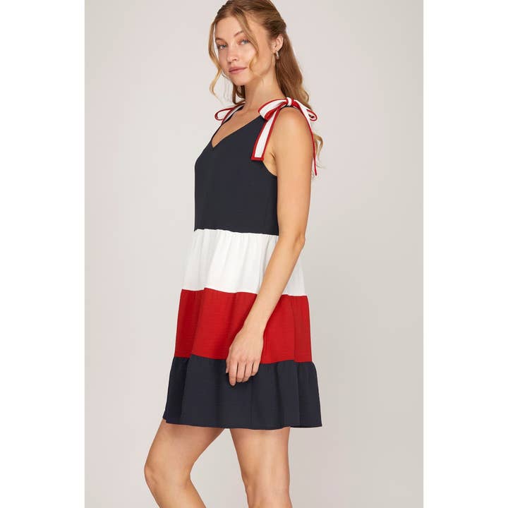 NAVY RED Color Block Sleeveless Shoulder Tie Tiered Dress for wholesale on Faire2