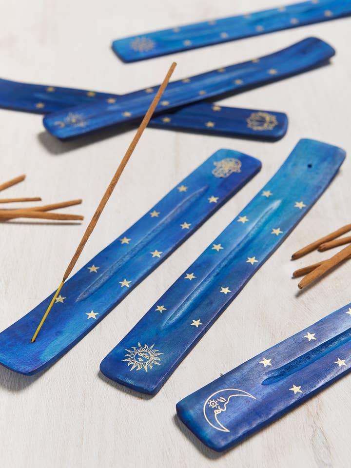 Blue Wooden Incense Holder Gold Print for wholesale by Namaste