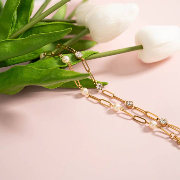 WJW - Wholesale Link & Chain Bracelet - 18K Gold PVD Steel Station Pearl Paperclip Chain Bracelet