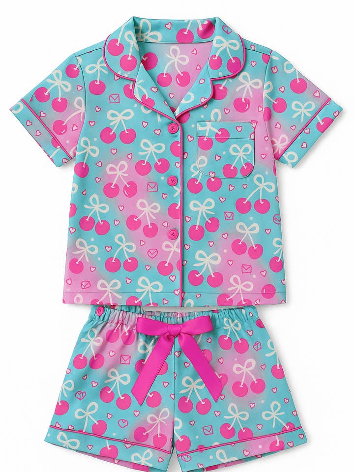 2-delars förpackning körsbär kortärmad satin pyjamasshorts set för wholesale av Limeapple