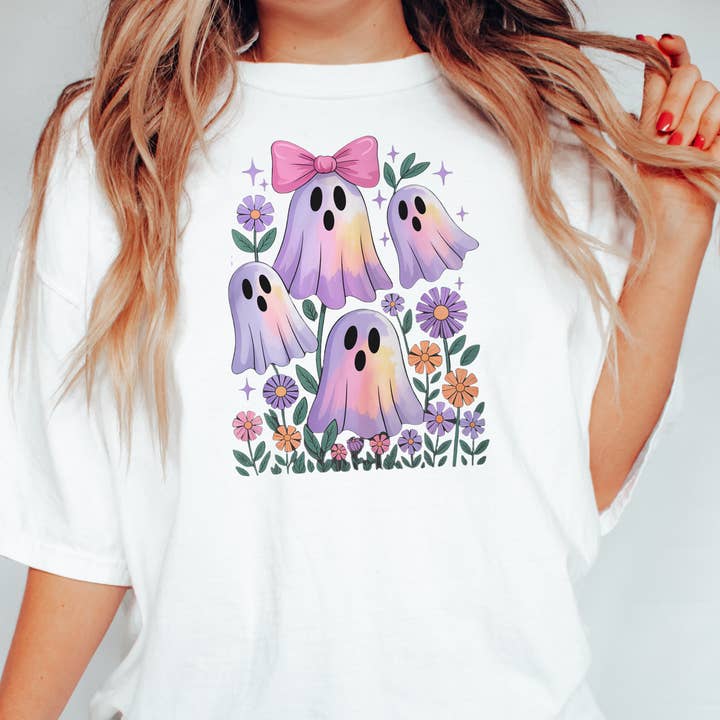 Pink Ghost Floral T-Shirt – Halloween Pastel Boutique Tee for wholesale by Sweetteez LLC