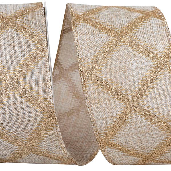 RELIANT RIBBON - Wholesale Ribbon - Gift Wrapping - Lattice Champagne Glitter Wired Edge,/gold, 2-1/2 In