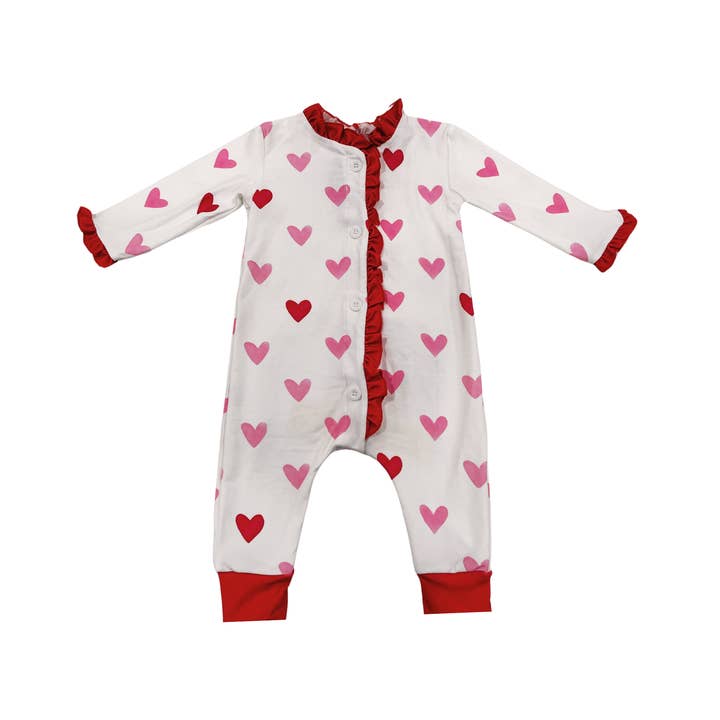 Sugar Bee Clothing – Großhandel Liege – Baby – Einteiliger Rüschen-Buttflap-Schlafanzug - Rosa Herzen