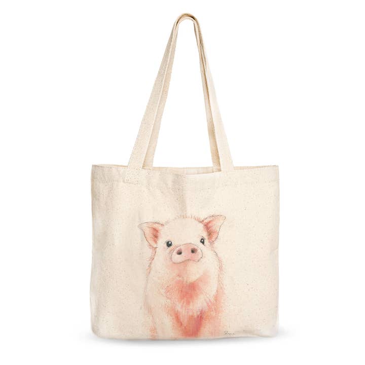 Piggy Large Canvas Tote Bag Original Watercolor Animal Art for wholesale by Todo Bien Design Inc