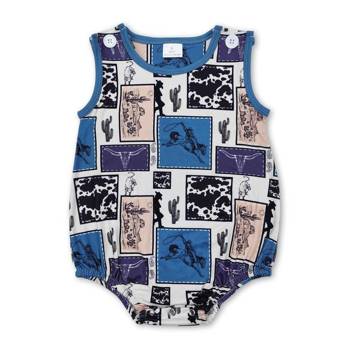 Sleeveless cactus rodeo western baby boy romper for wholesale by Yawoo Garments
