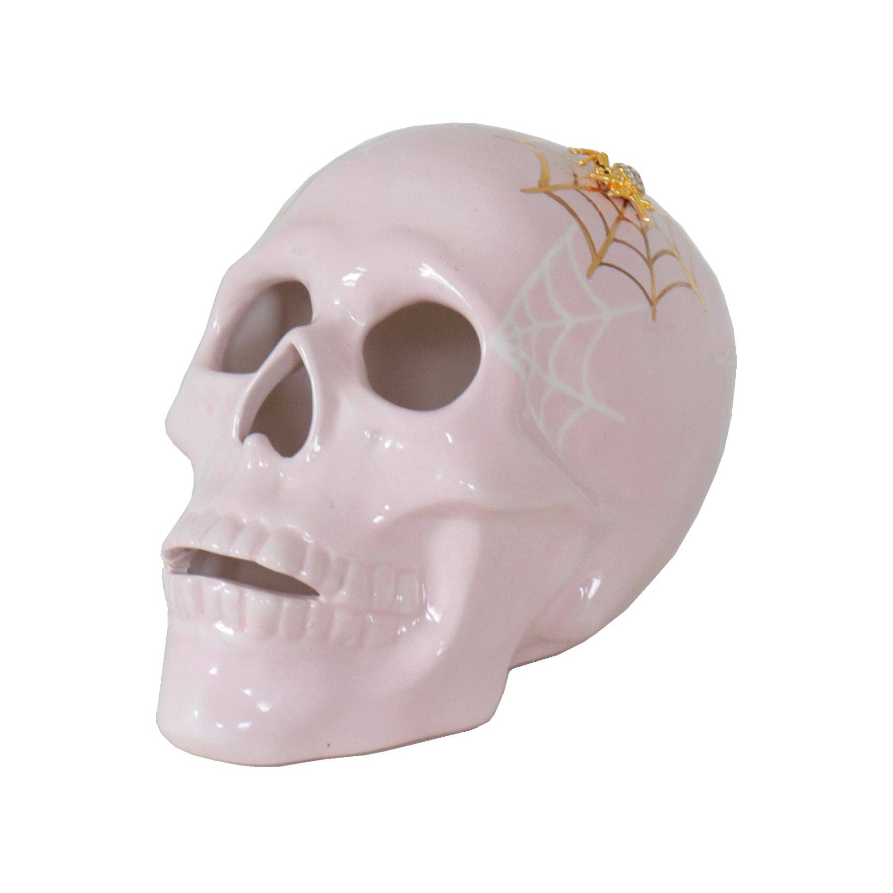 Lo Home | Ruby Clay - Wholesale Decorative Tabletop Object - "Mr. Bones and Charlotte" Skull Decor with 22K Gold Accents- Pink0