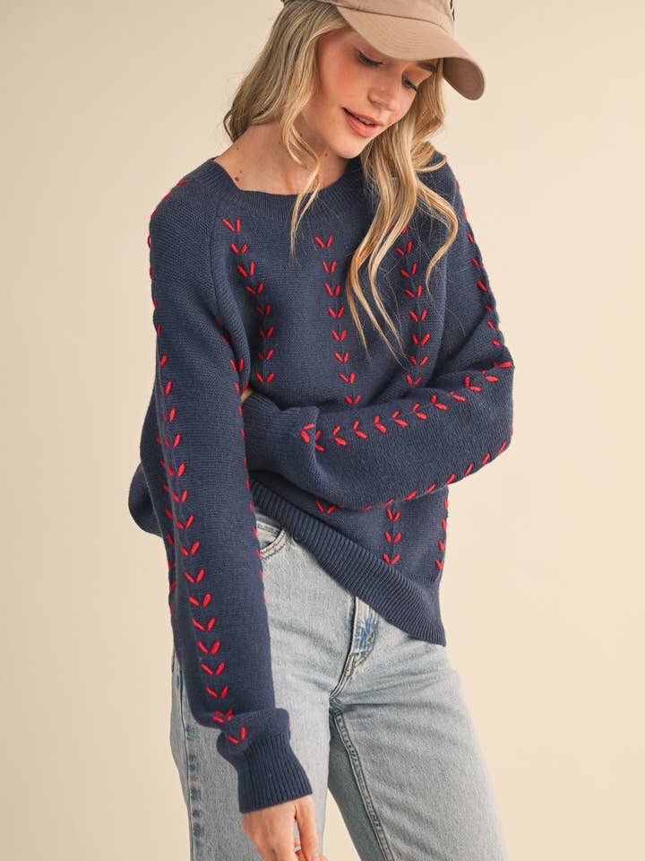&MERCI - Wholesale Knit Sweater - Women's - EMBROIDERED LONG SLEEVE PULLOVER SWEATER MSW1117929