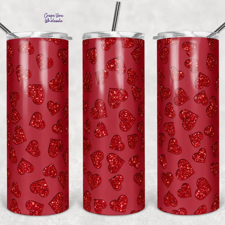 Rode Glanzende Uitbarstende Harten Op Matte Rode 20oz Beker voor wholesale door GrapeVineWholesale