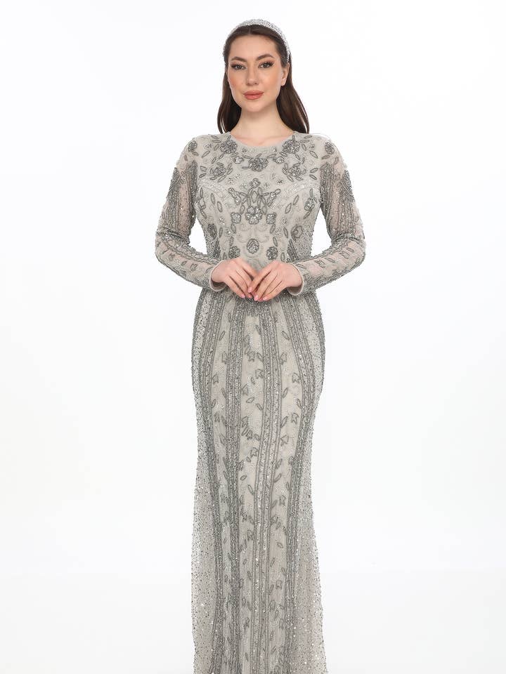 Laila Maxi – Vestido de Noite Modesto Prateado por atacado de Gatsbylady London