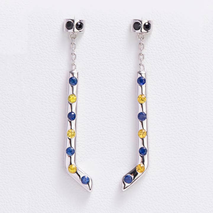 Boucles d'oreilles Hockey - Saphirs bleus, noirs et jaunes pour la vente par AVID Sports Jewelry