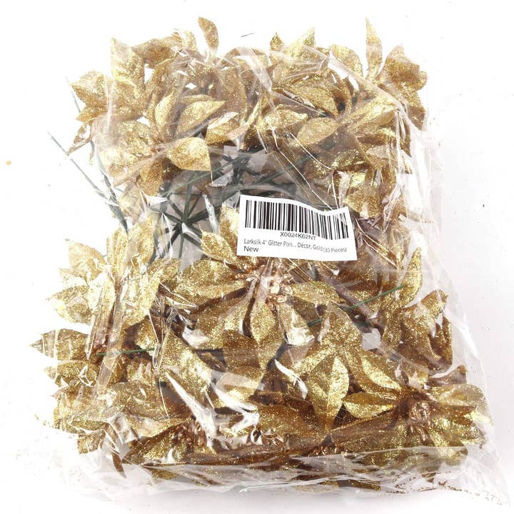 Larksilk - Wholesale Christmas Decoration - 2PC 4-Inch Gold Glitter Poinsettia Picks for Christmas1