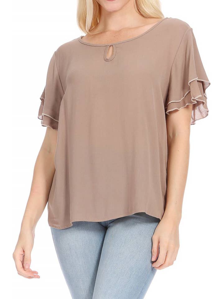 MOA COLLECTION - Wholesale Blouse - Women's - Casual Solid Flowy Short Flutter Sleeve Key Hole Blouse28