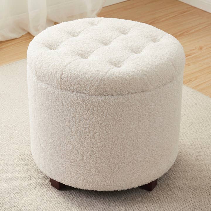 Donovan Round Tufted Boucle Storage Ottoman - White for wholesale by Ornavo Home