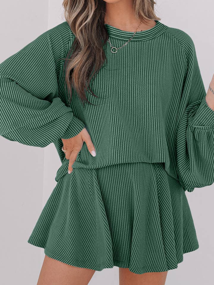 LDC Corded Lantern Sleeve Top High Waist Ruffled Mini Skirt and other Purchase Wholesale skirt set. Free Returns & Net 60 Terms on Faire trending on Faire.