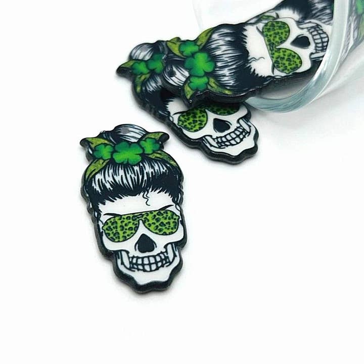 Punk St. Patrick's Day Skull Clover Charms, 38.5x20mm for wholesale by Guerrilla Charm
