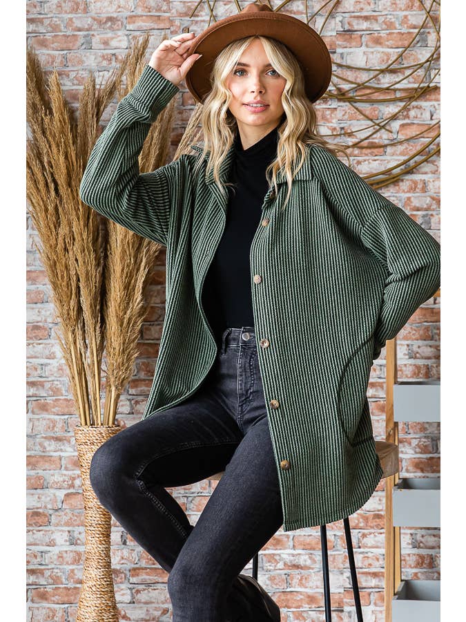 7th Ray - Wholesale Shirt Jacket/Shacket - Women's - Solid Rib Button Down Side Pockets Long Sleeve Shacket T5256