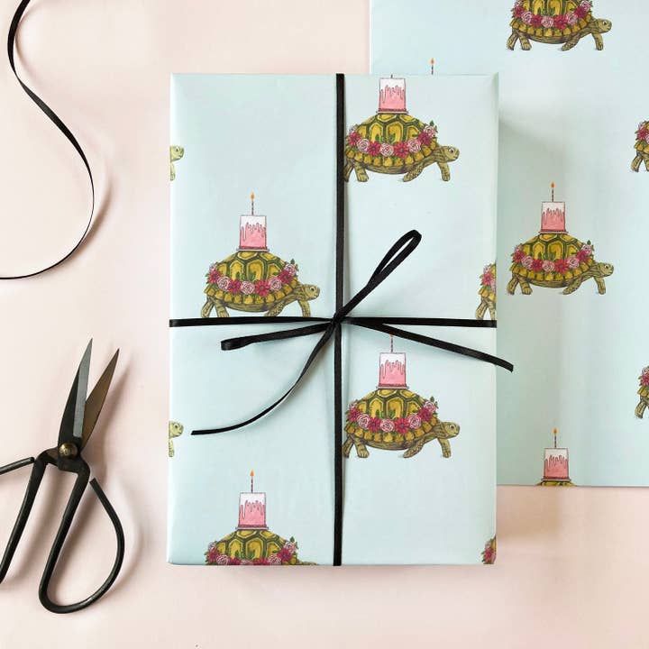 Tortoise with a Cake Birthday Wrapping Paper for wholesale by Amelia Illustration