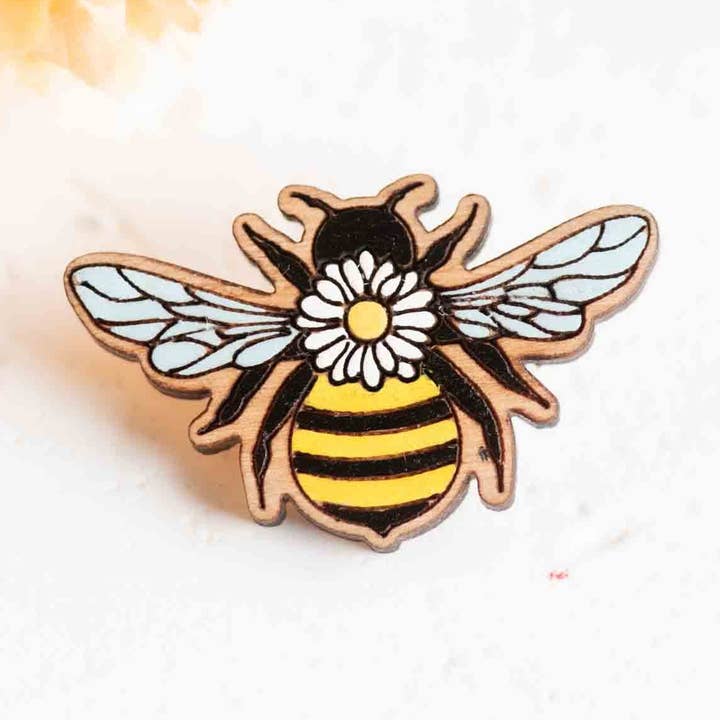 Abelha pintada à mão com crachá de pino de madeira de flor -PO44120 por atacado de Robin Valley