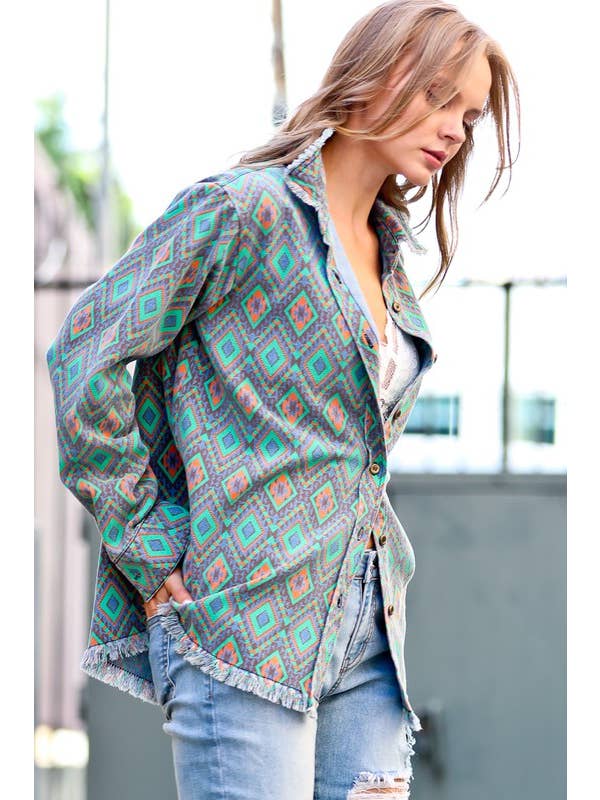 GREEN MIX Tribal printed washed out fringe hemming jacket MK10170 for wholesale on Faire