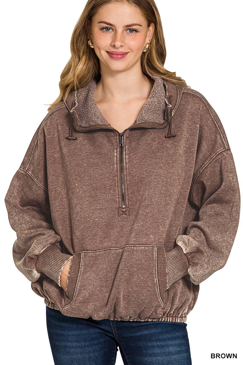 Vanilla Monkey - Wholesale Hoodie - Women's - Washed Drawstring Hem Half Zip Kangaroo Hoodie8