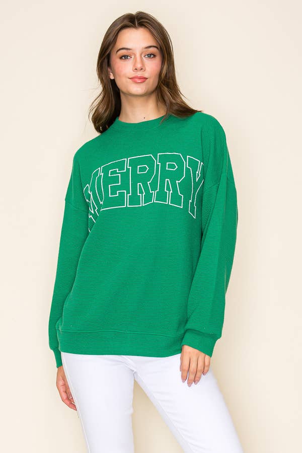 Tres Bien, Inc - Wholesale T-Shirt (Graphic) - Women's - ROUND NECK "MERRY" STENCIL  CLOUDY KNIT L/S SWEATSHIRT3