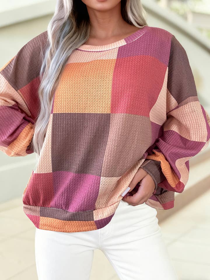 1 the Woman - Wholesale Knit Top - Women's - Checkered Print Textured Knit Long Sleeve Loose Top0