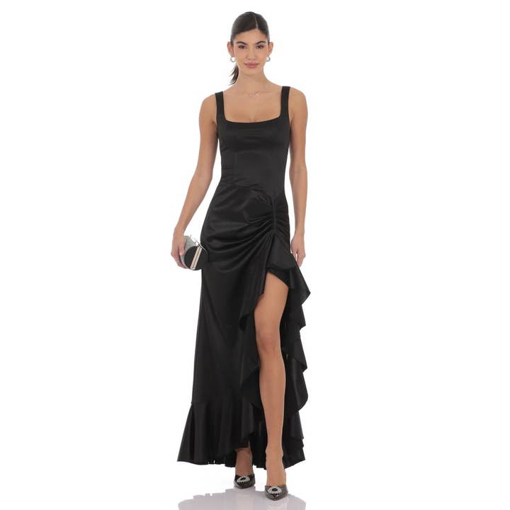 Satin Ruched Ruffle Slit Maxi Dress in Black for wholesale by Lucy In The Sky