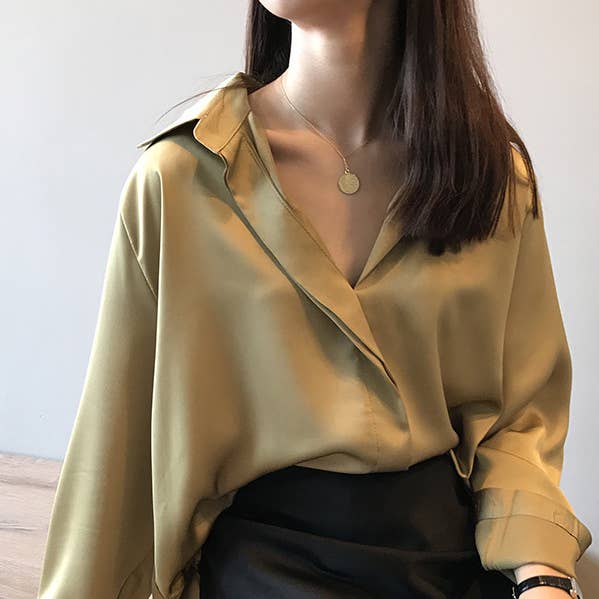 Satin V-Neck Loose Solid Color High-Low Long Sleeve Shirts for wholesale by Plush Looks