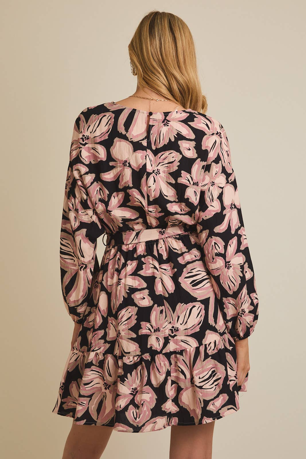 ROUND NECK DROP SHOULDER LONG SLEEVE WAIST TIE FLORAL DRESS for wholesale on Faire3