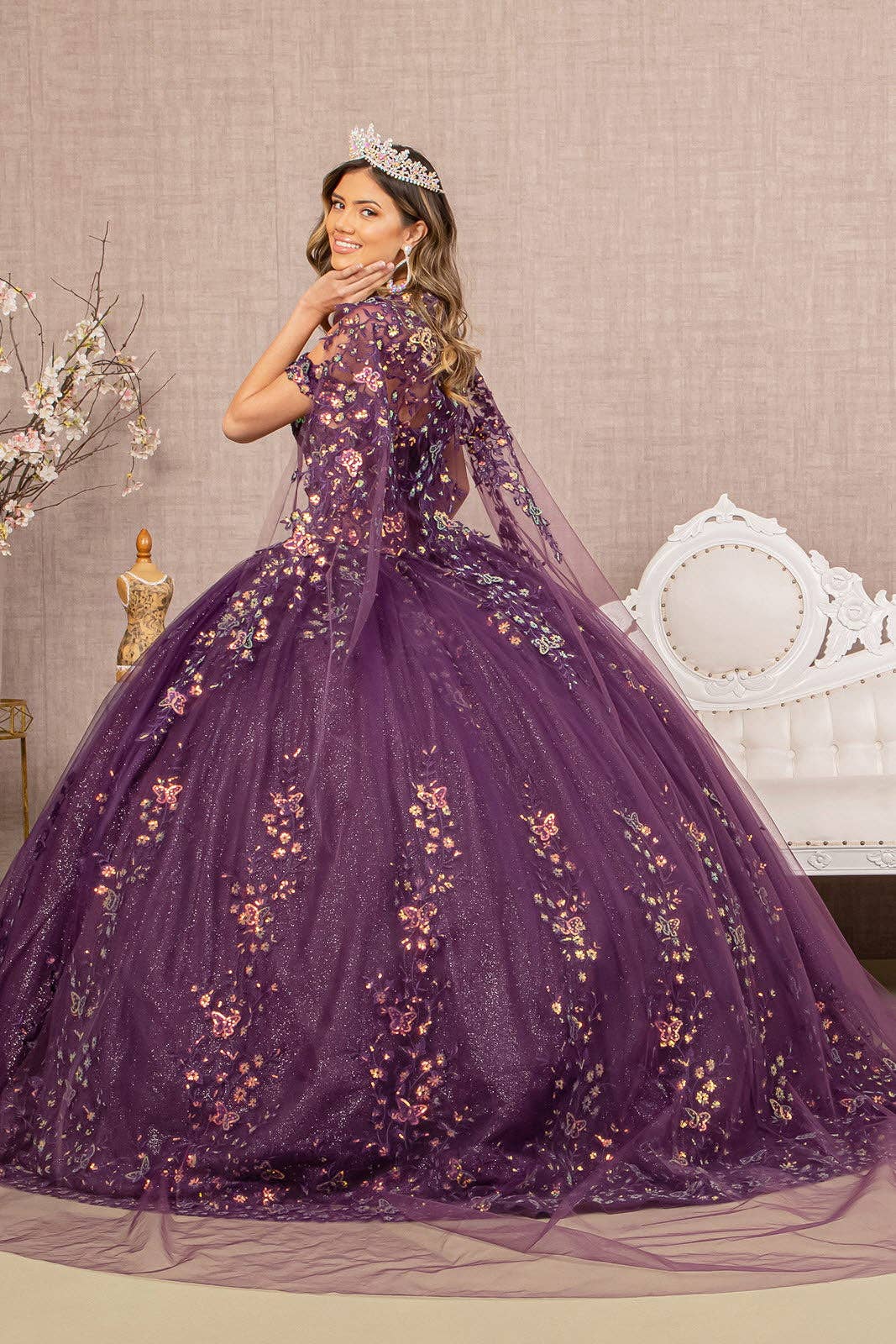 PURPLE 3D Butterfly Sheer Bodice w/ Long Mesh Cape Quinceanera Dress GLGL3171 for wholesale on Faire1