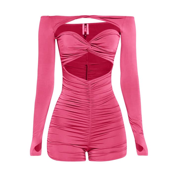 Off Shoulder Cut Out Front Ruched Romper for wholesale by omgstyles