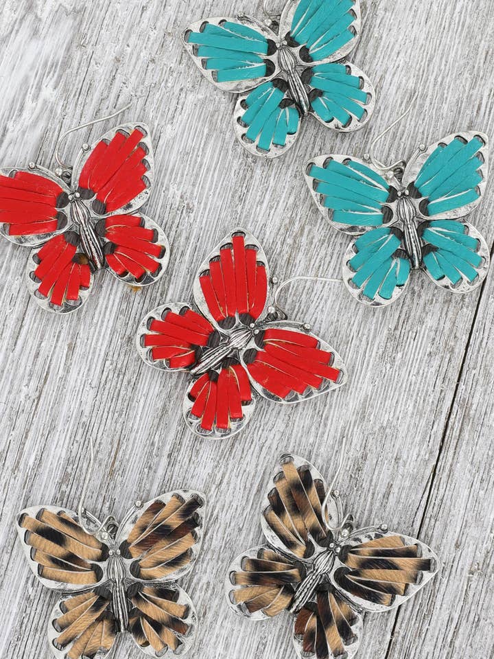 Western Style Leather Strand Wrapped Butterfly Drop Earrings for wholesale by SP Sophia Collection