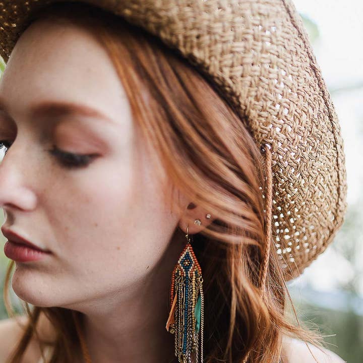 Rust Colorful Mixed Bead Feather Dangle Earrings 🪶 for wholesale on Faire0
