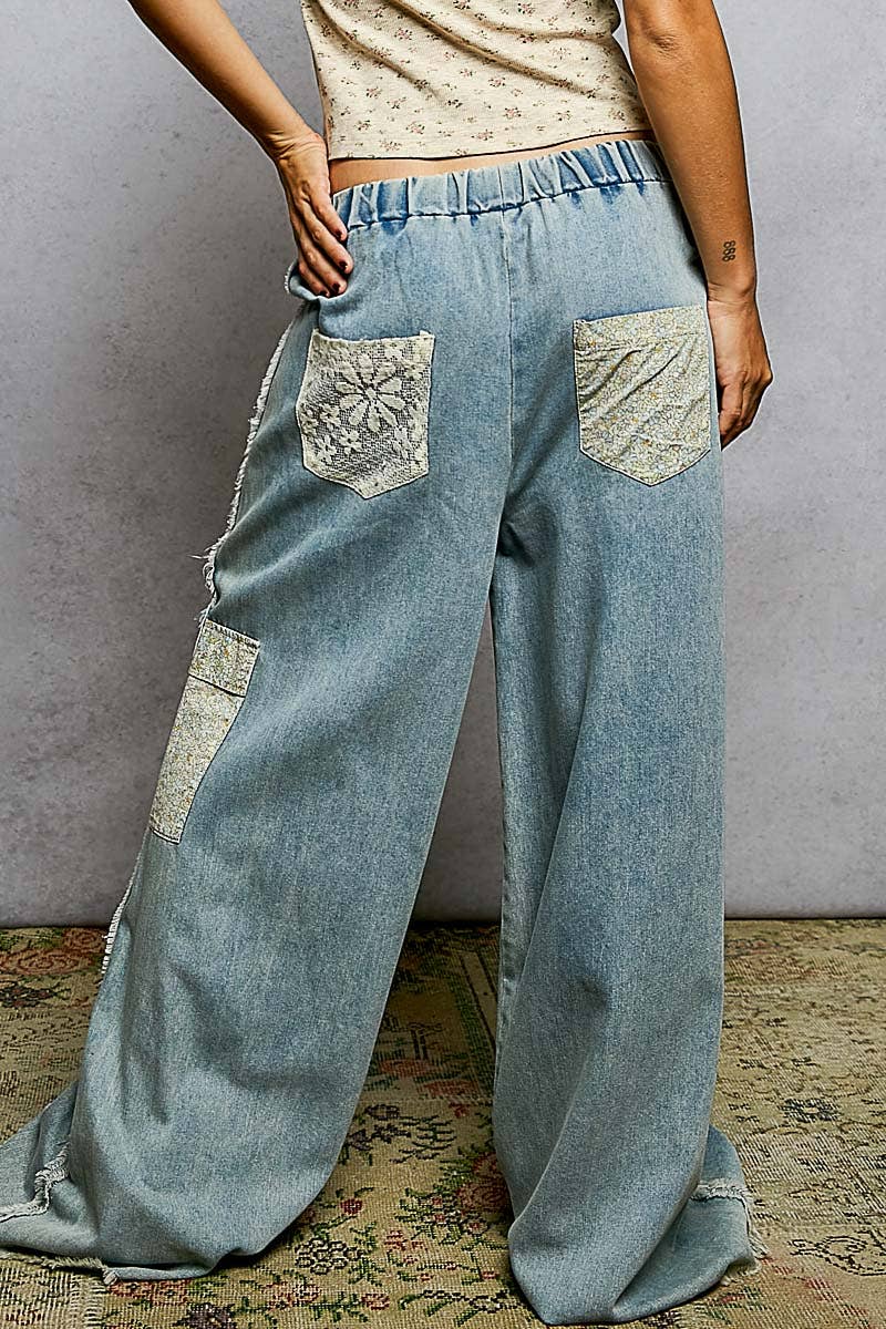 Pol Clothing - Wholesale Pants - Women's - French Terry Vintage Washing Star Patch Casual Wide Pants8