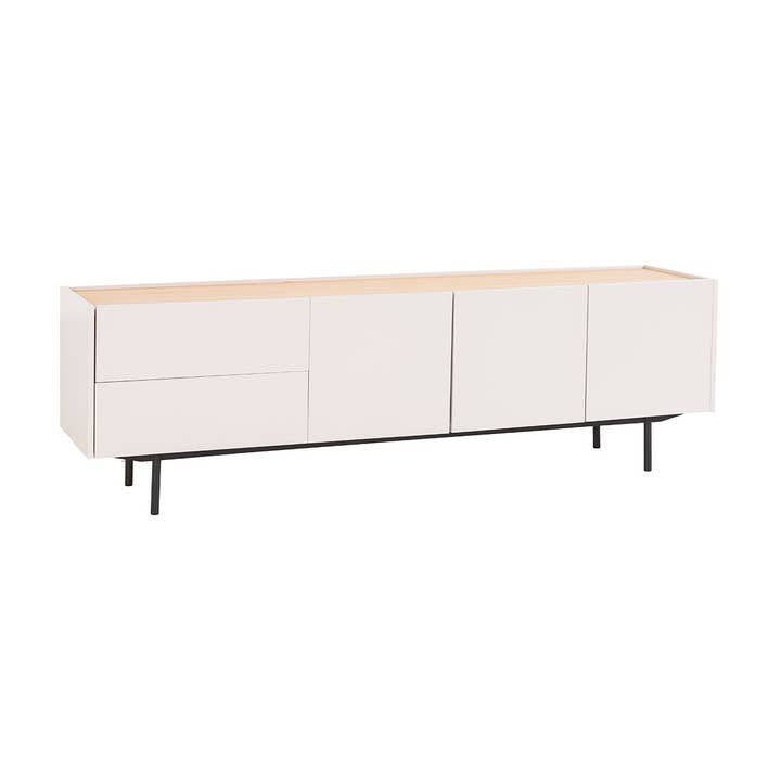 Meuble TV Pol laqué gris pierre et placage chêne avec pieds en métal noir pour la vente par Gdeco