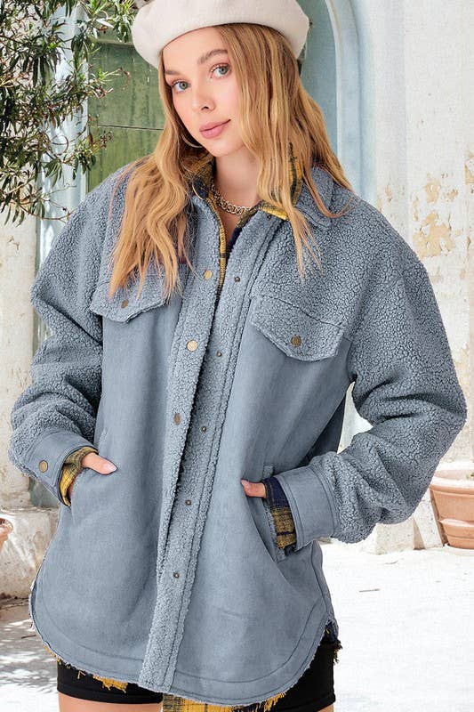 La Miel - Vente Veste – femme - JKT1790 - Veste boutonnée surdimensionnée en faux daim avec poches1