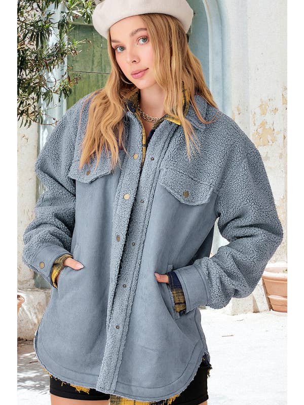 La Miel – wholesale Jacket – Women's – JKT1790-Faux Suede Oversized Button Down Jacket with Pockets11