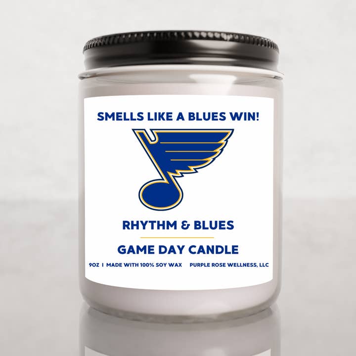 St. Louis Blues Hockey Candle for wholesale by Purple Rose Wellness, LLC