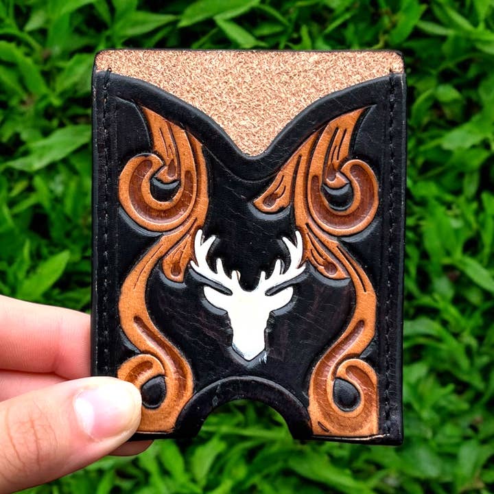 Deer tooled leather card holder  for wholesale by Western Linens