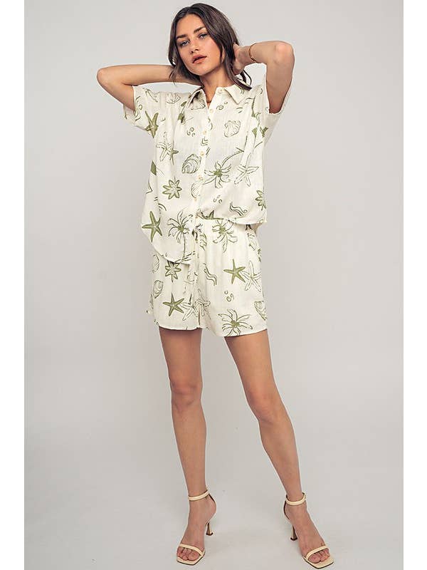 Urban Daizy - Wholesale Lounge Set - Women's - Coastal Print Camp Collar Shirt and Shorts Set