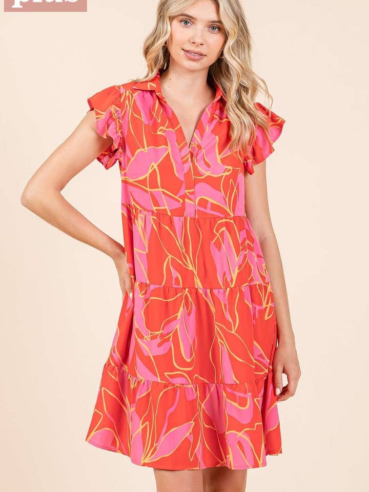 GESTAFFELTES MINIKLEID MIT BLATTMUSTER UND RÜSCHENÄRMELN für den Großhandel von mittoshop