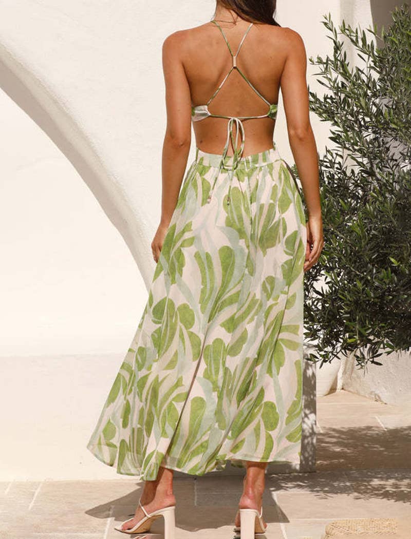 GRØN Bladmønstret halterneck maxikjole med bindebånd i ryggen for engroshandel på Faire2