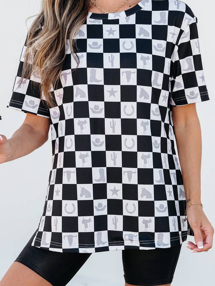 Black Western Fashion Checkerboard Print Side Split T Shirt for wholesale on Faire4