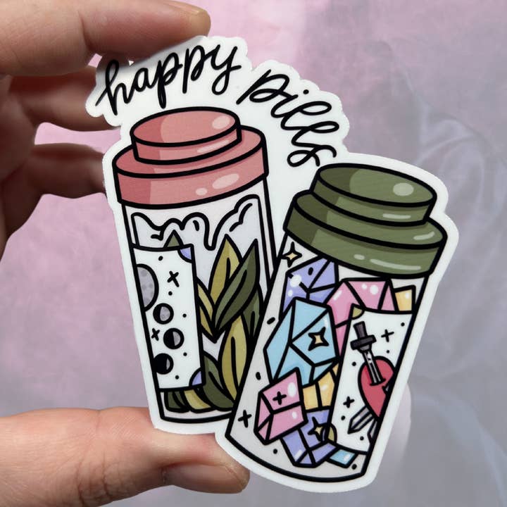 Witchy Happy Pills Glossy Water Resistant Vinyl Sticker for wholesale by familiar sadie