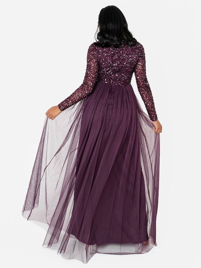 Maya Berry Embellished Long Sleeve Maxi Dress for wholesale by Plaza Collection Ltd