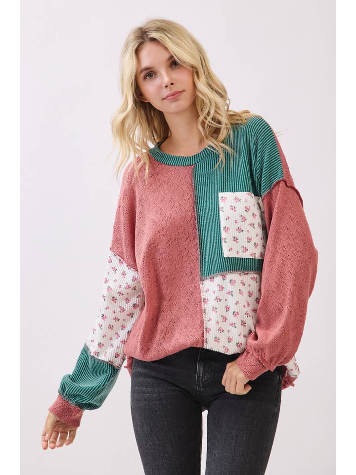 Vanilla Monkey - Wholesale Knit Top - Women's - Patchwork Floral Pocket Pullover Top2